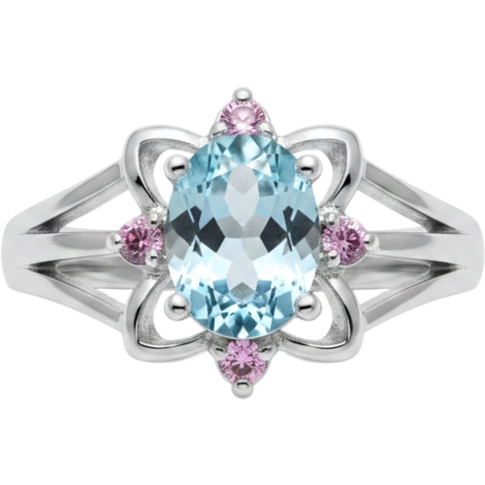 Avon Sterling Silver 925 Blue Oval Stone Pink Accent Floral Ring Size 6